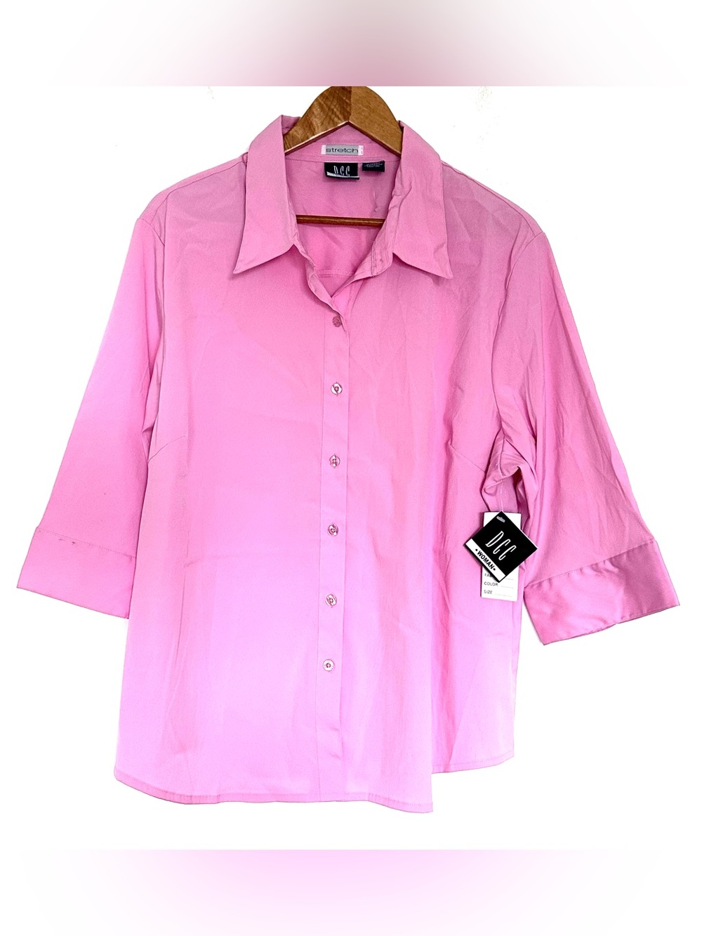 DCC Plus Shirt Women’s 2X Pink 3/4 Sleeve Button Down Collared Blouse Top